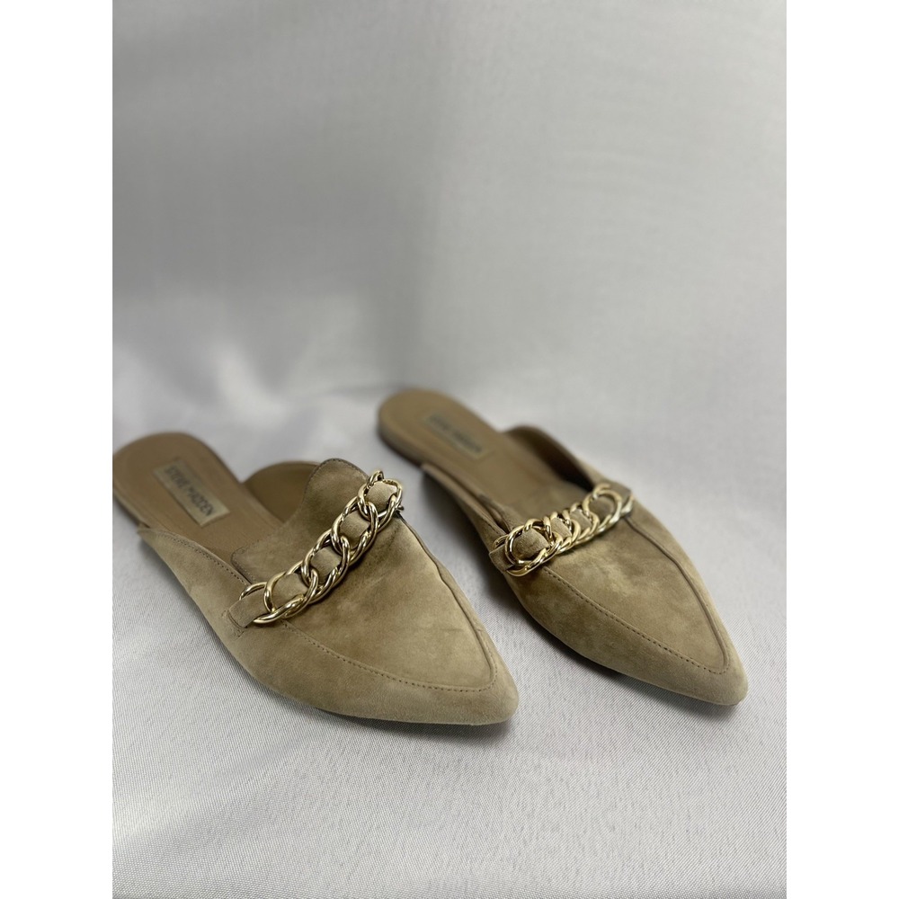 Steve Madden NYC Beige Faux Suede Chain Mule Loafers Slip On Flats Womens 8